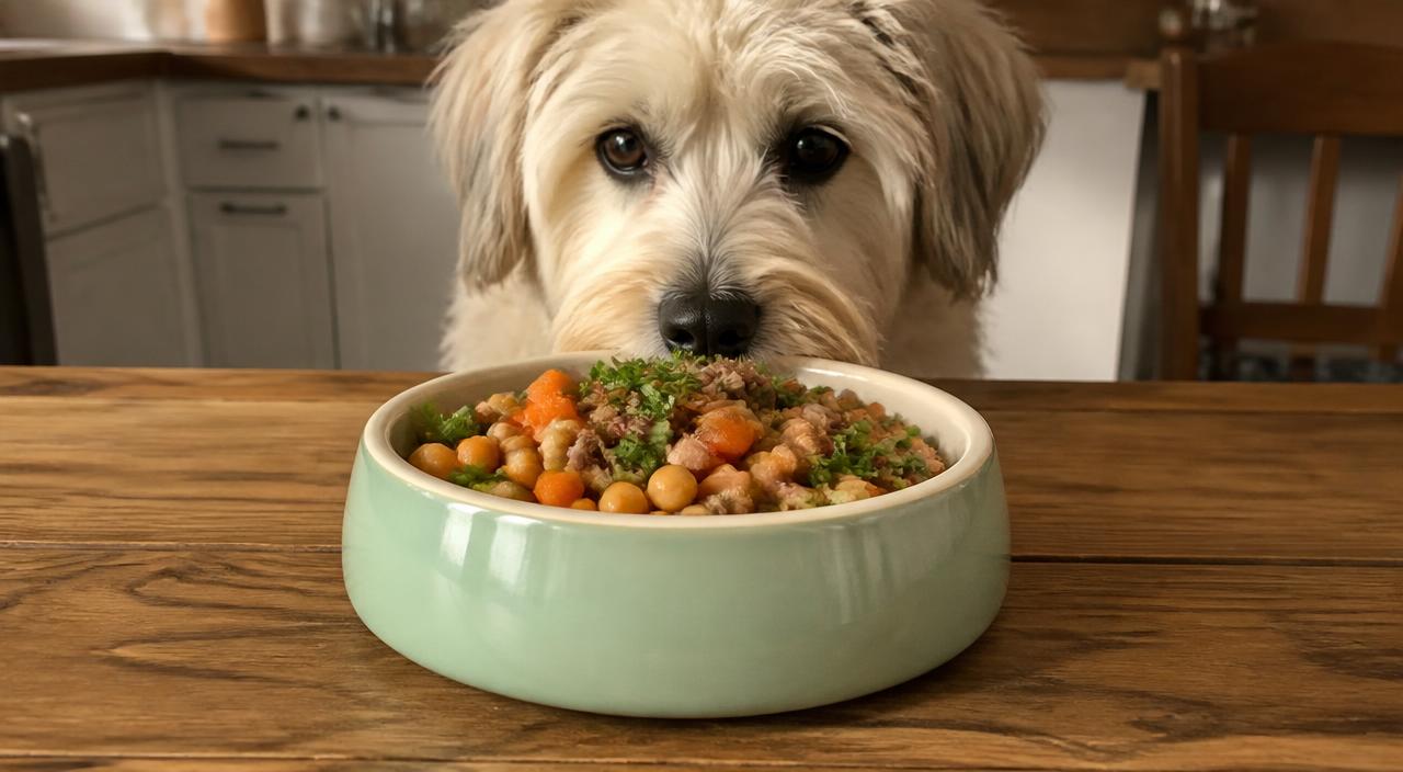 Tazón de comida casera para perro sobre una mesa de madera