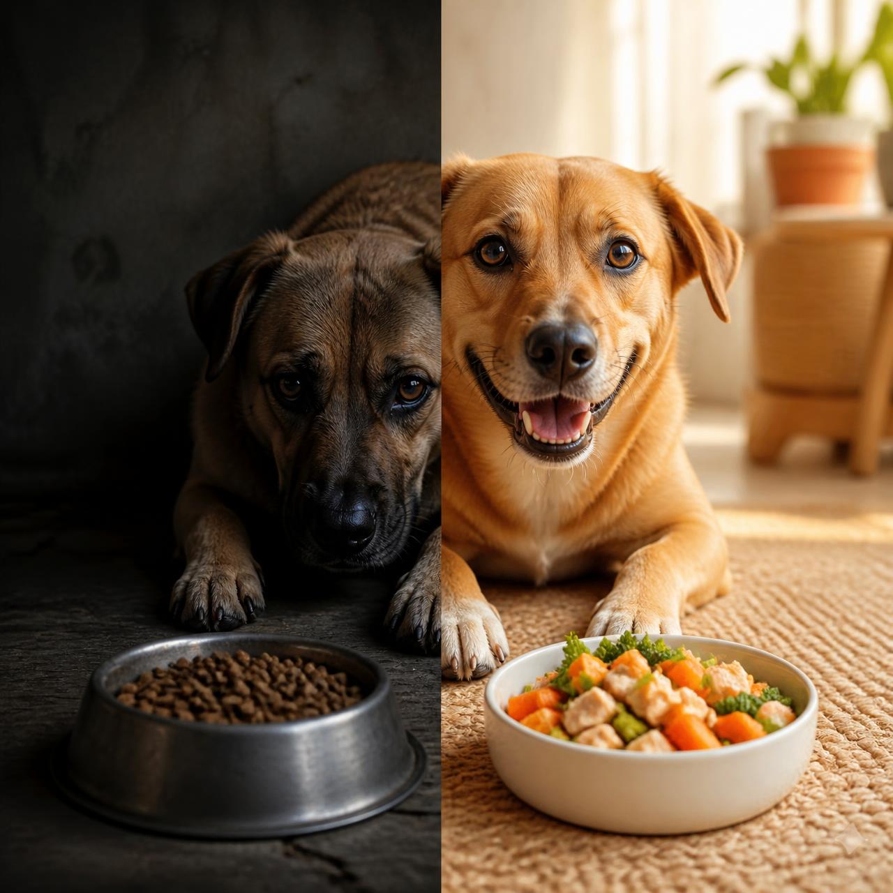 Comparación entre croquetas procesadas y comida casera saludable