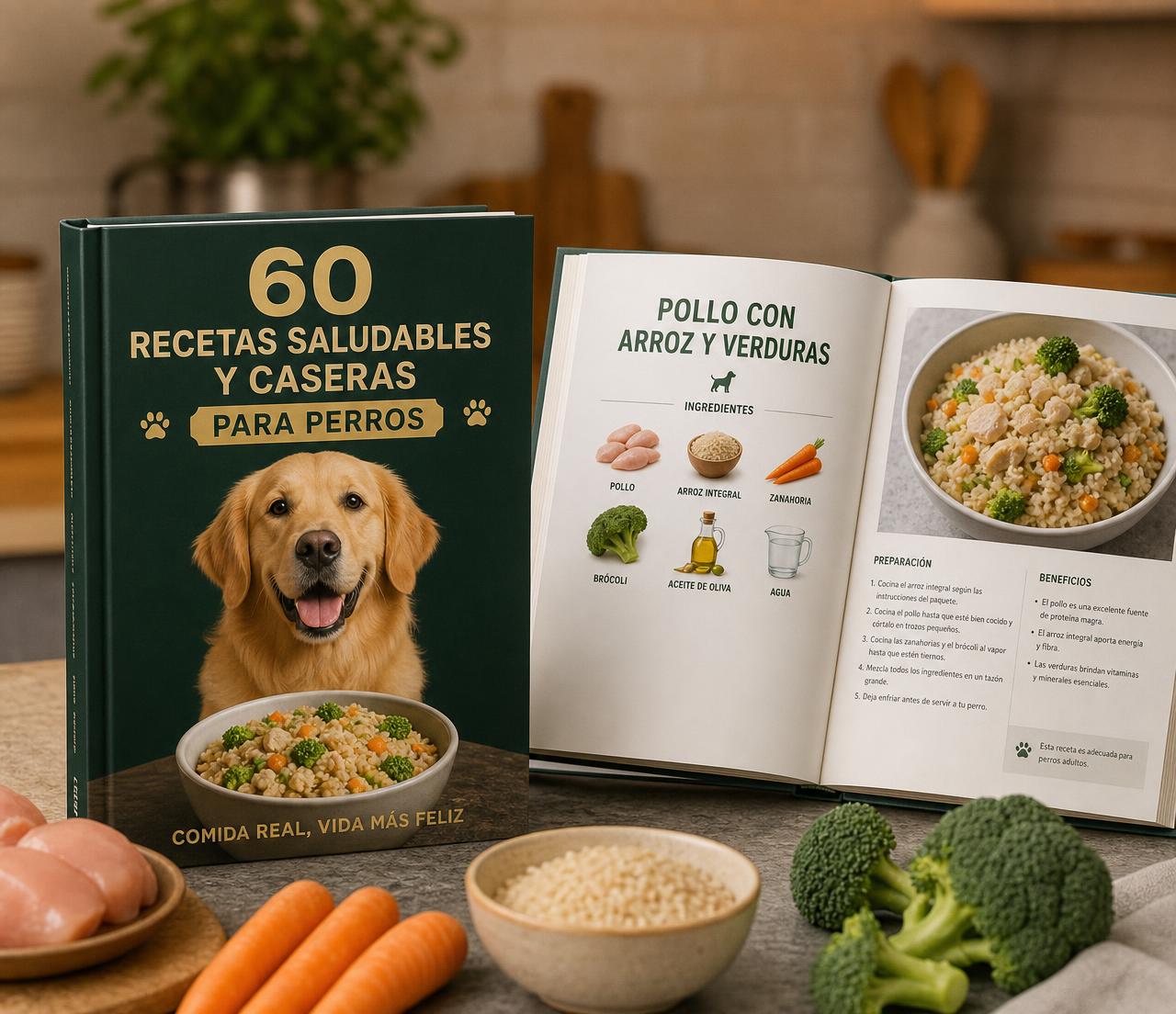 Guía 60 Recetas Saludables y Caseras para Perros abierta sobre una mesa de cocina