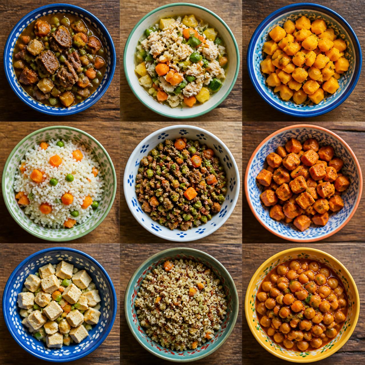 Nueve recetas caseras diferentes para perros servidas en tazones de colores
